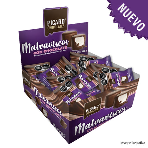 Display de malvaviscos cubiertos de chocolate con leche