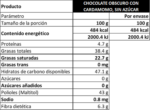 Barras de chocolate obscuro sin azúcar sabor cardamomo