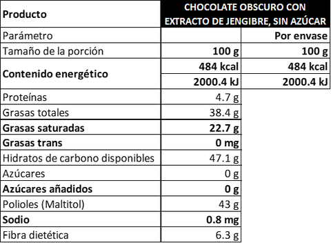 Barra de Chocolate Obscuro Sin Azúcar con Jengibre