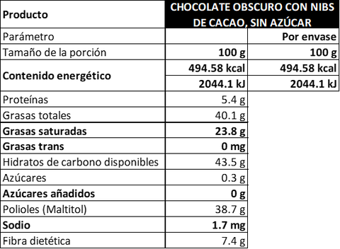 Barra de Chocolate Obscuro Sin Azúcar con Nibs de Cacao