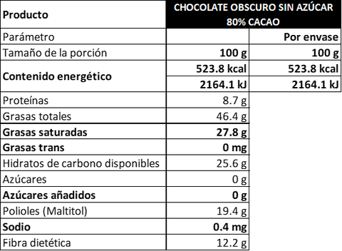 Barra de Chocolate Obscuro Sin Azúcar 80% Cacao