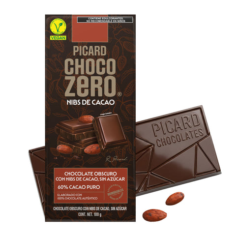Barra de Chocolate Obscuro Sin Azúcar con Nibs de Cacao