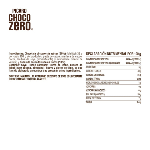 Barra de Chocolate Obscuro Sin Azúcar con Nibs de Cacao