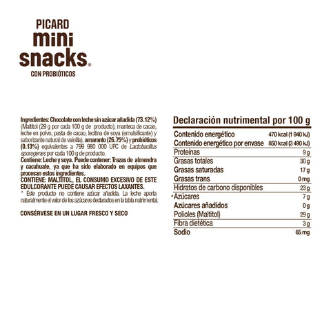 Mini Snacks®  de Chocolate con Leche Sin Azúcar y Probióticos