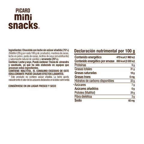 Minisnacks® chocolate con leche y amaranto, sin azúcar  180 g